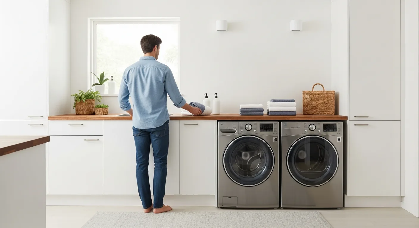 Modern white cabinets for laundry room organization featuring integrated shelving and a folding station.