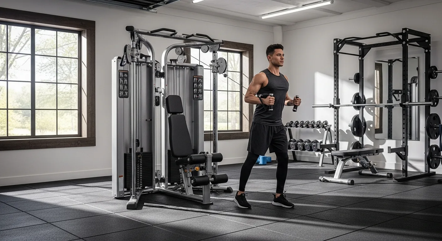 A high-end cable machine home gym setup in a modern minimalist workout space for functional strength training.