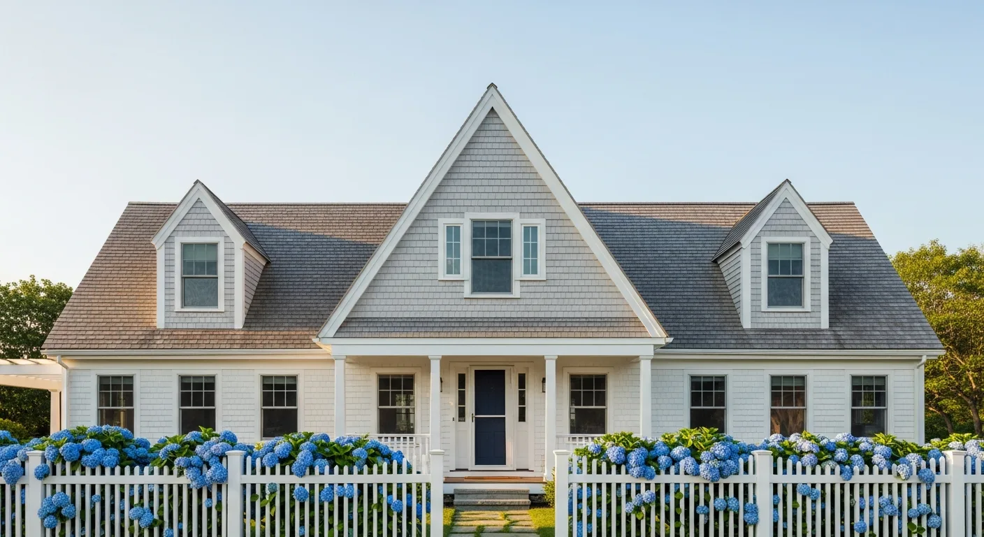 A charming traditional Cape Cod house style home with white siding and a manicured garden in a coastal setting.