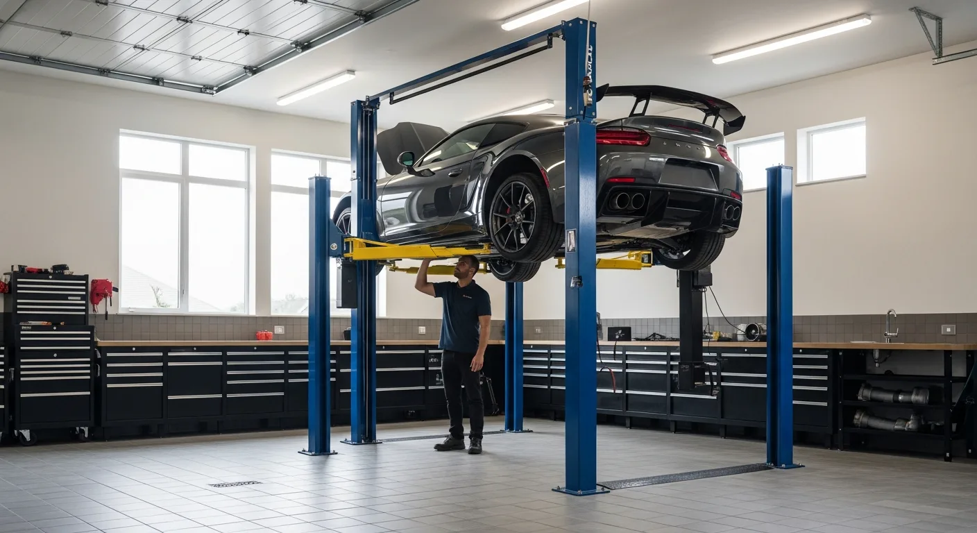 A modern car lift for home garage supporting a luxury vehicle in a clean, organized residential space.