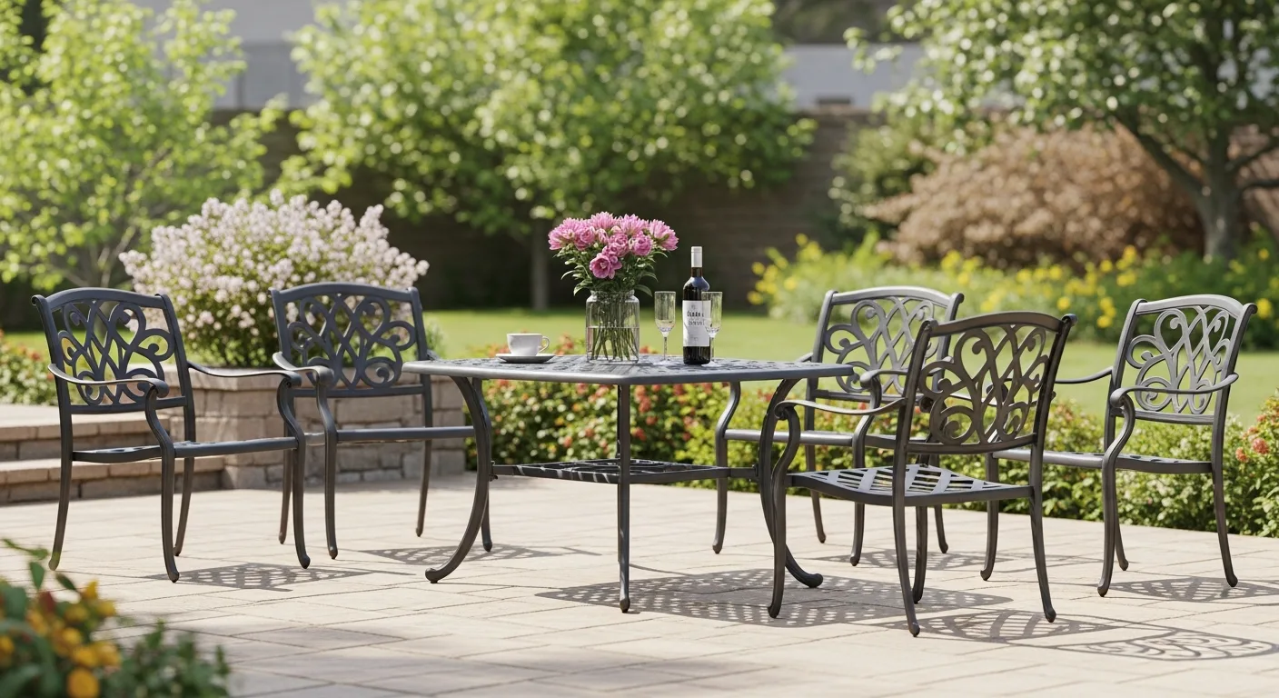 Elegant black cast aluminum patio furniture set on a sunny stone terrace with a lush garden background.