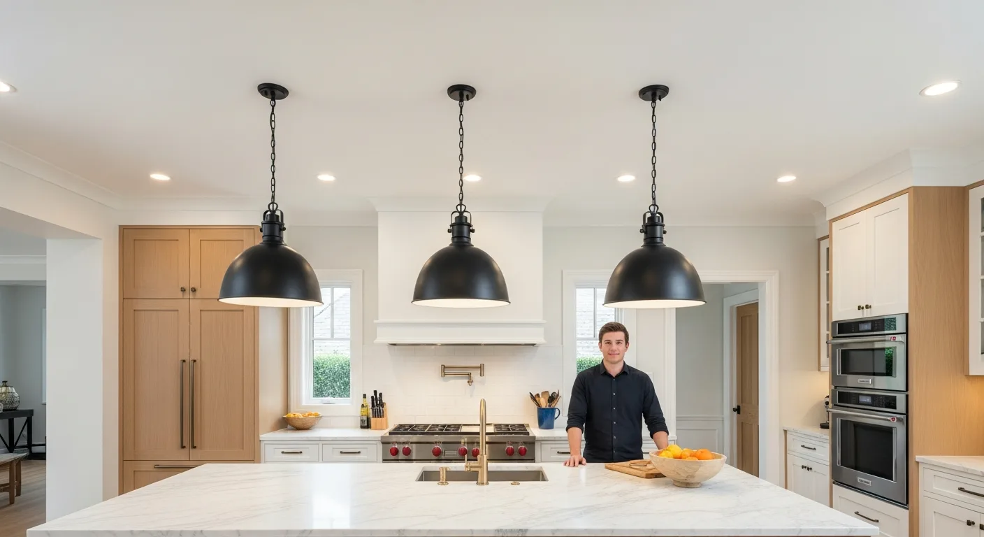 Modern pendant and recessed ceiling lights for kitchen illumination over a large marble island.
