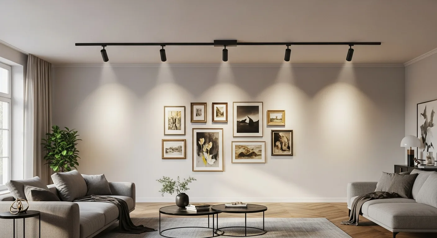 A modern living room featuring sleek ceiling track lighting to create a warm and inviting atmosphere.