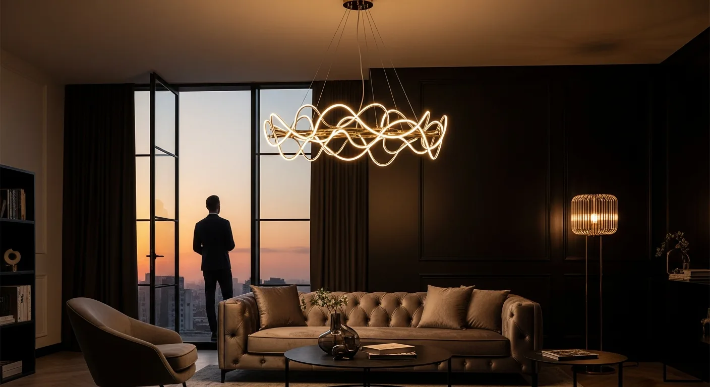 Modern crystal chandelier for living room interior design in a contemporary 2026 home.