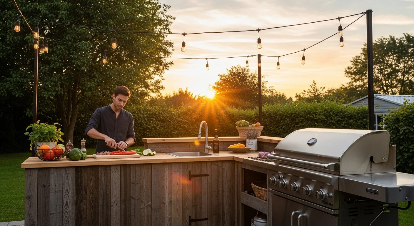 Cheap simple outdoor kitchen ideas featuring a DIY wooden prep station and a charcoal grill on a paved patio.