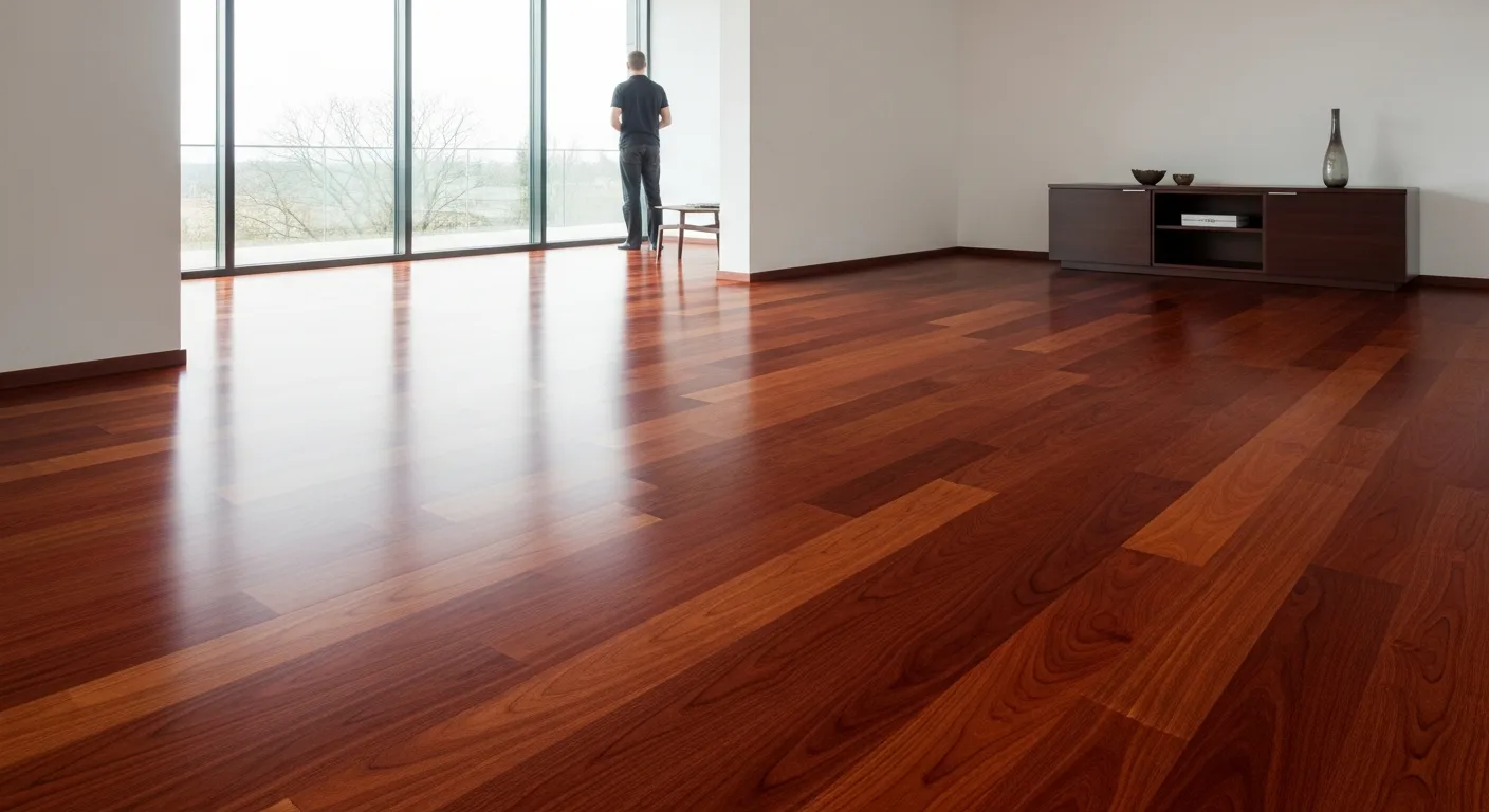 Luxurious cherry wood flooring in a modern living room with warm natural sunlight.