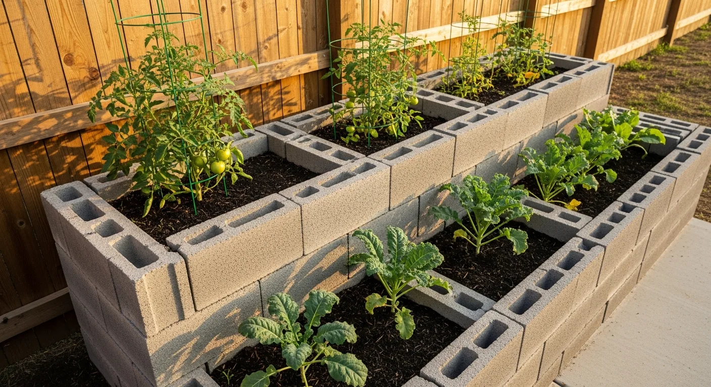 A durable cinder block garden filled with lush green vegetables and vibrant herbs in a sunny backyard.