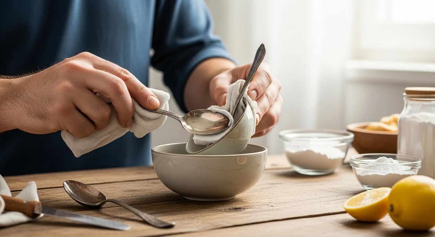 A man using a soft microfiber cloth to clean silver at home while polishing a vintage spoon over a wooden table.
