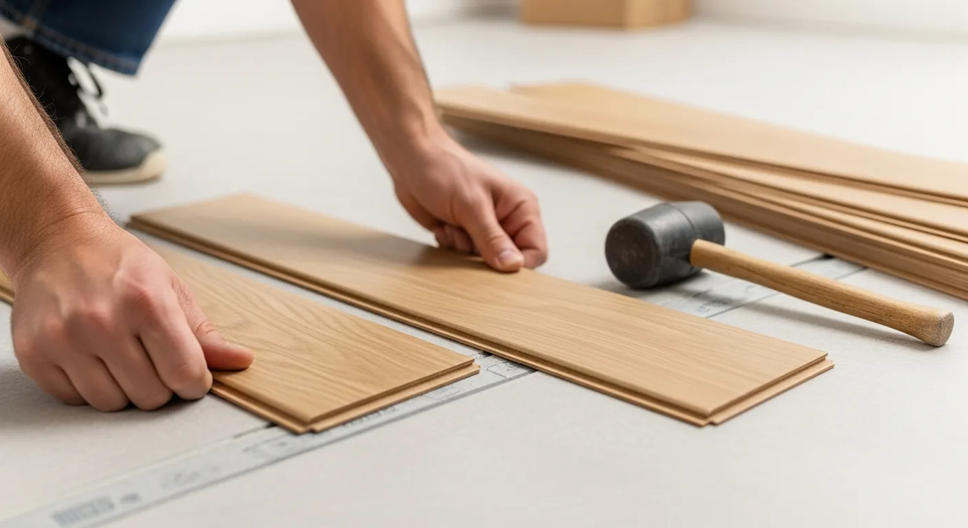 A DIY homeowner installing modern click lock flooring in a sunlit living room during a home renovation.