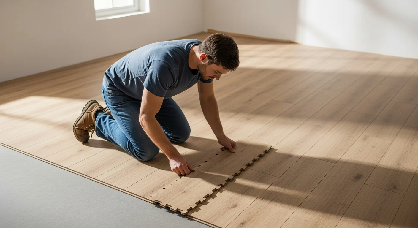 A man installing modern click lock vinyl flooring in a sunlit living room as a 2026 DIY home improvement project.
