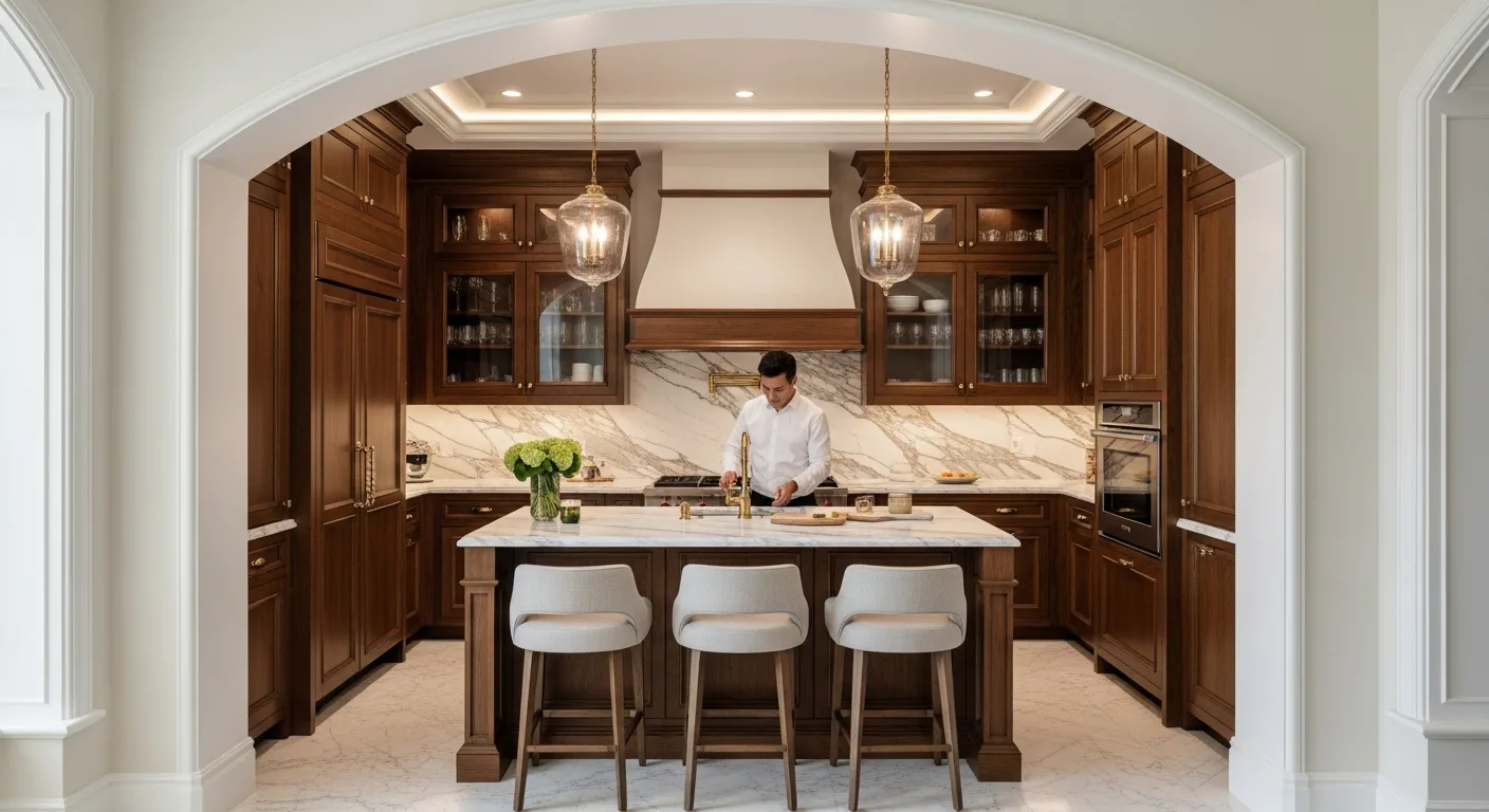 Modern home interior showcasing the closed kitchen trend comeback with elegant cabinetry and walls.