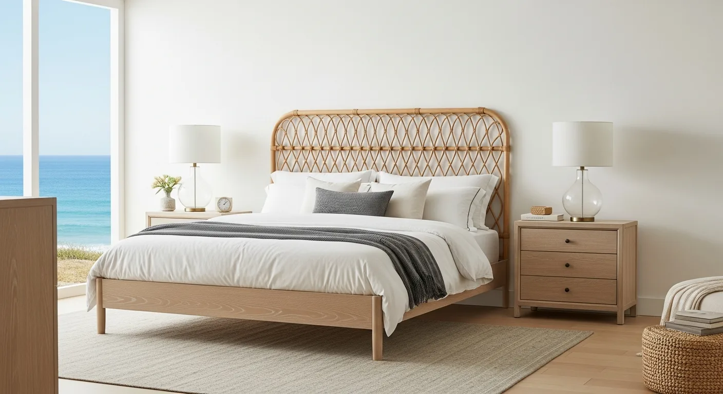 Elegant coastal bedroom furniture featuring a light oak bed frame and soft linen bedding in a sunlit room.