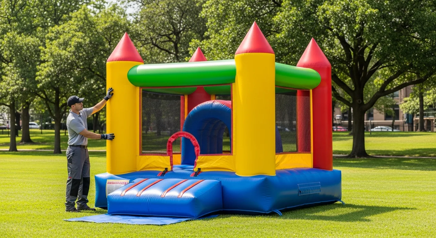 A professional-grade commercial bounce house at a sunny outdoor event, showcasing high-quality construction.