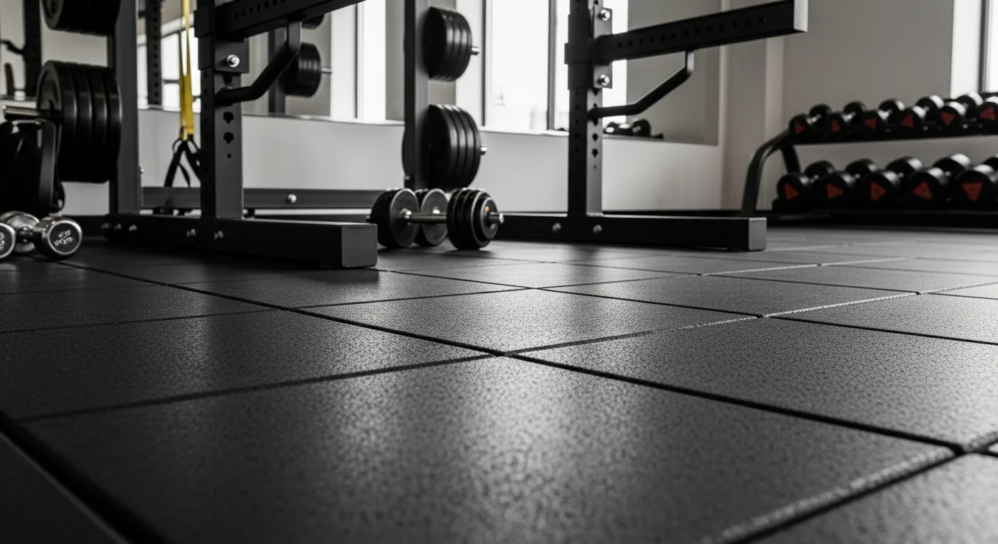 Durable commercial gym flooring protecting the foundation from heavy weightlifting equipment and power racks.