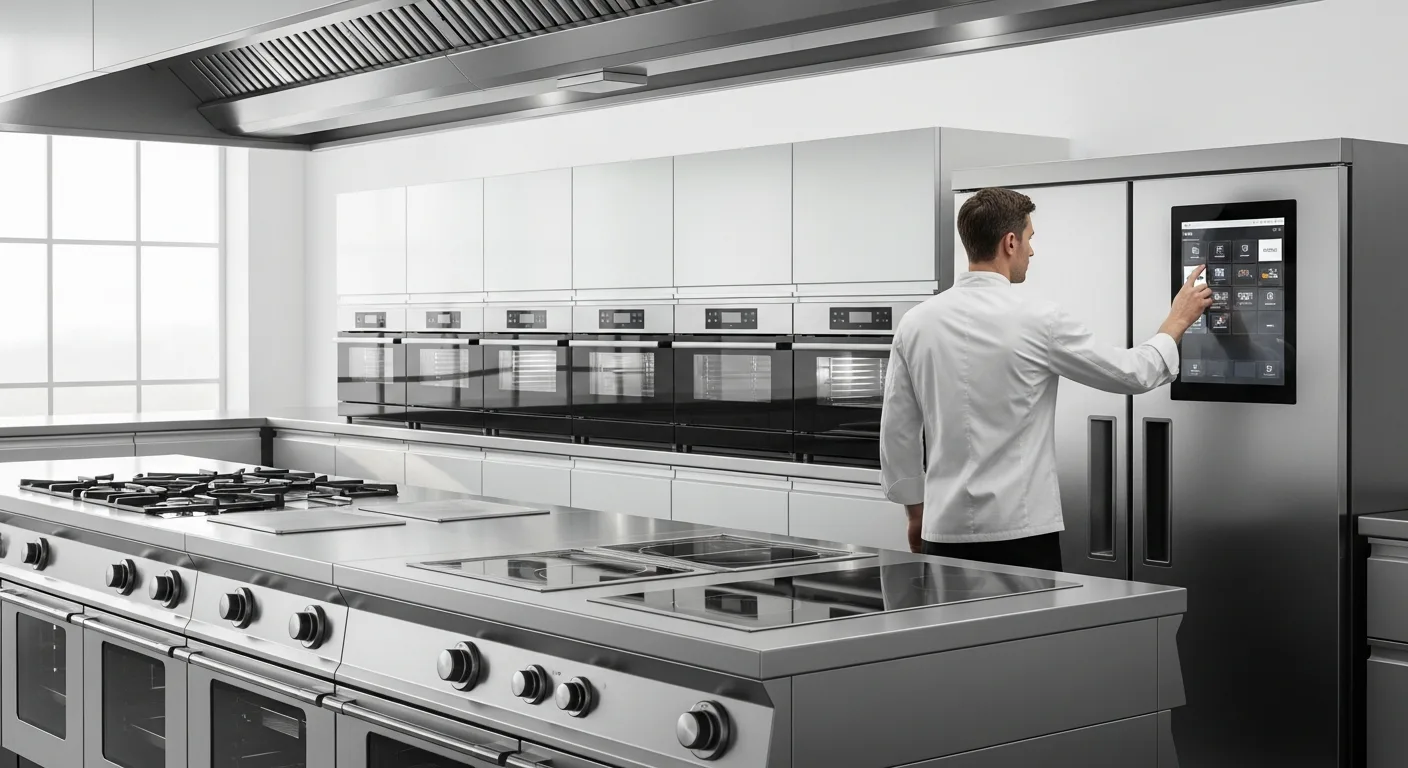A modern restaurant kitchen showcasing heavy-duty commercial kitchen appliances for 2026 efficiency.