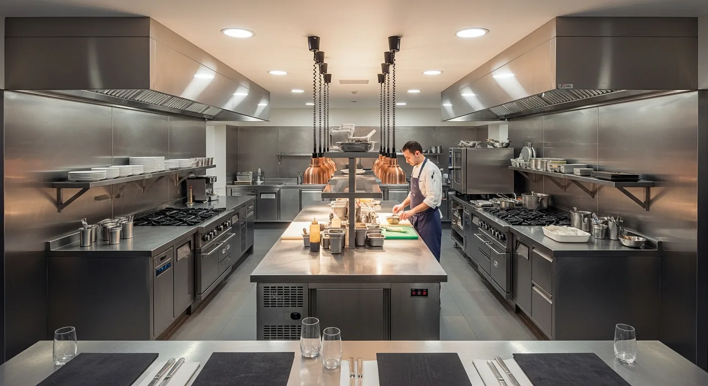 A modern commercial kitchen design featuring organized stainless steel workstations and professional appliances.