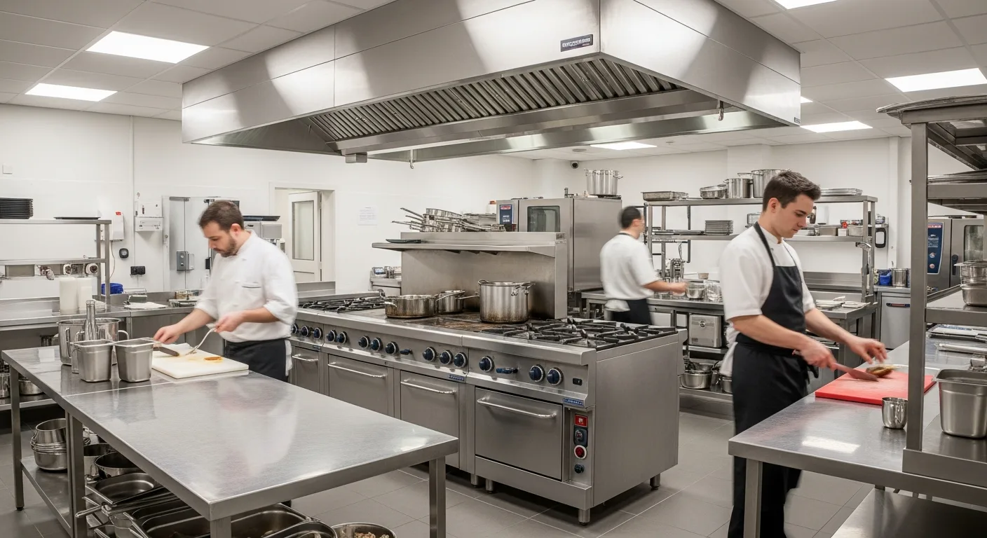 Professional chefs using heavy-duty commercial kitchen equipment in a high-volume restaurant kitchen.