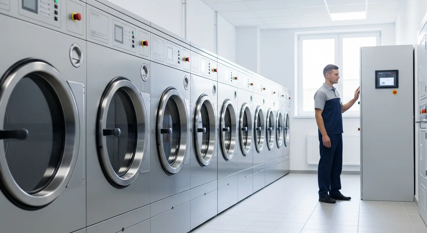 A row of high-efficiency commercial laundry equipment in a modern industrial facility.