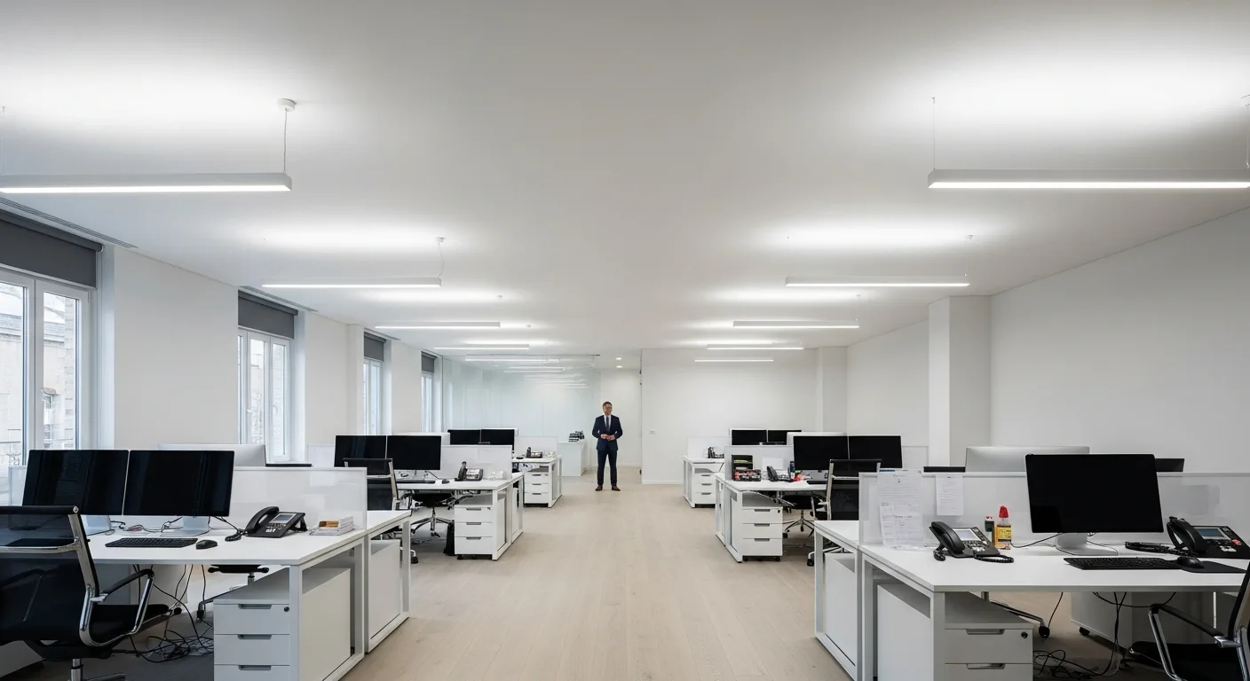 Modern corporate office interior illuminated by energy-efficient commercial led lighting systems.