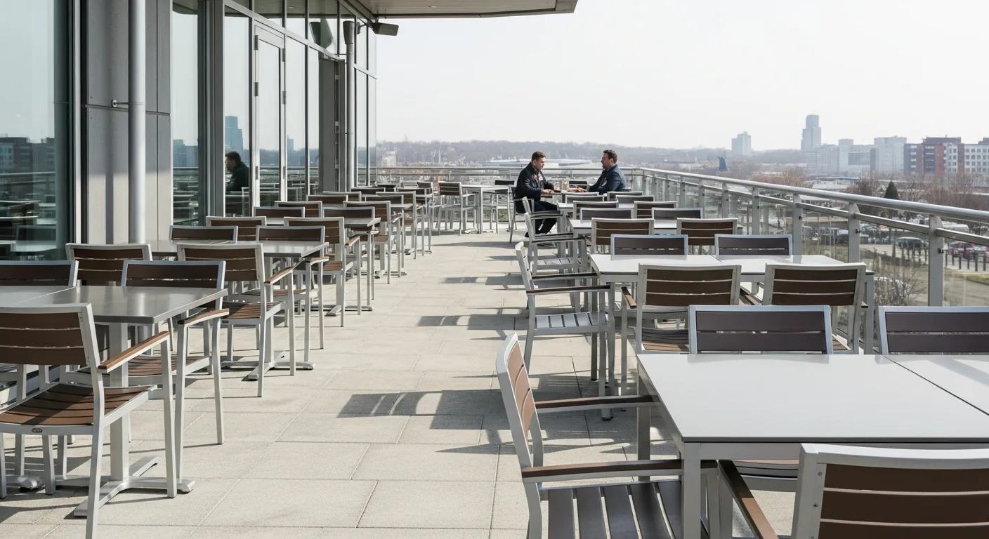 Durable commercial outdoor furniture arranged on a high-traffic restaurant patio.