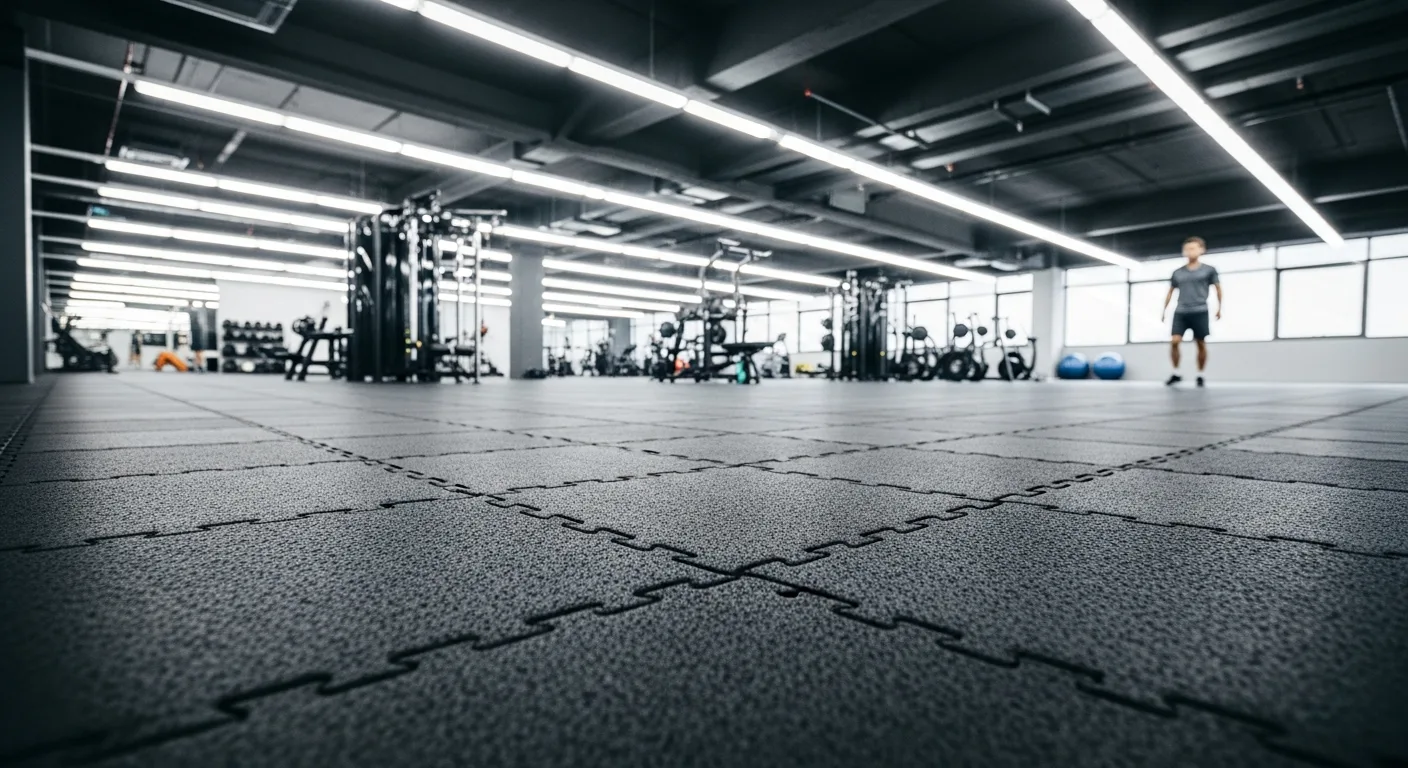 Durable grey commercial rubber flooring installed in a high-traffic modern fitness center or gym facility.