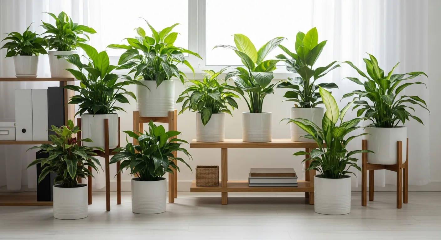 A collection of common house plants like monstera and snake plants displayed in a modern sunlit home.