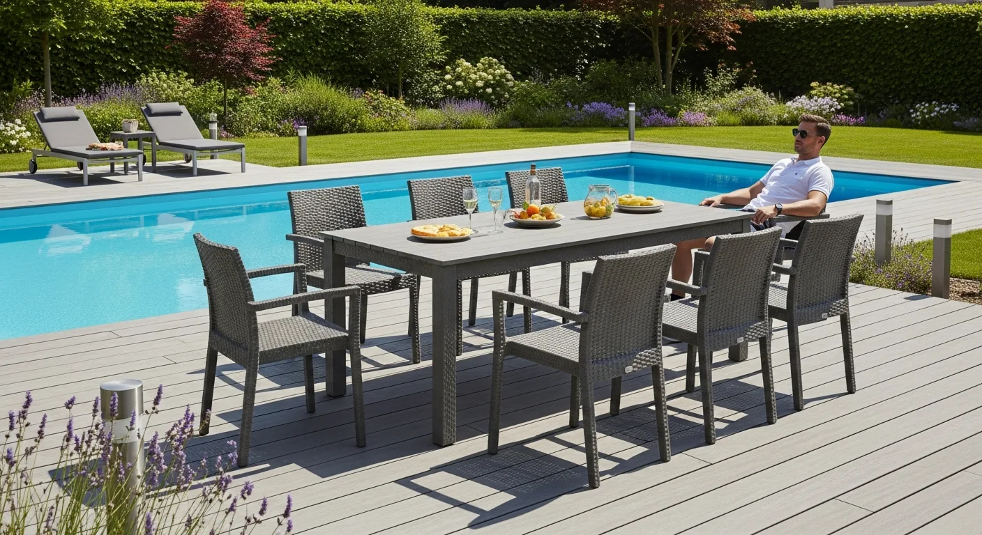 A modern gray composite outdoor furniture set arranged on a luxury backyard patio with scenic views.