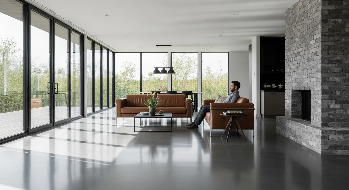 Modern living room featuring polished concrete floors in house with minimalist furniture and natural light.