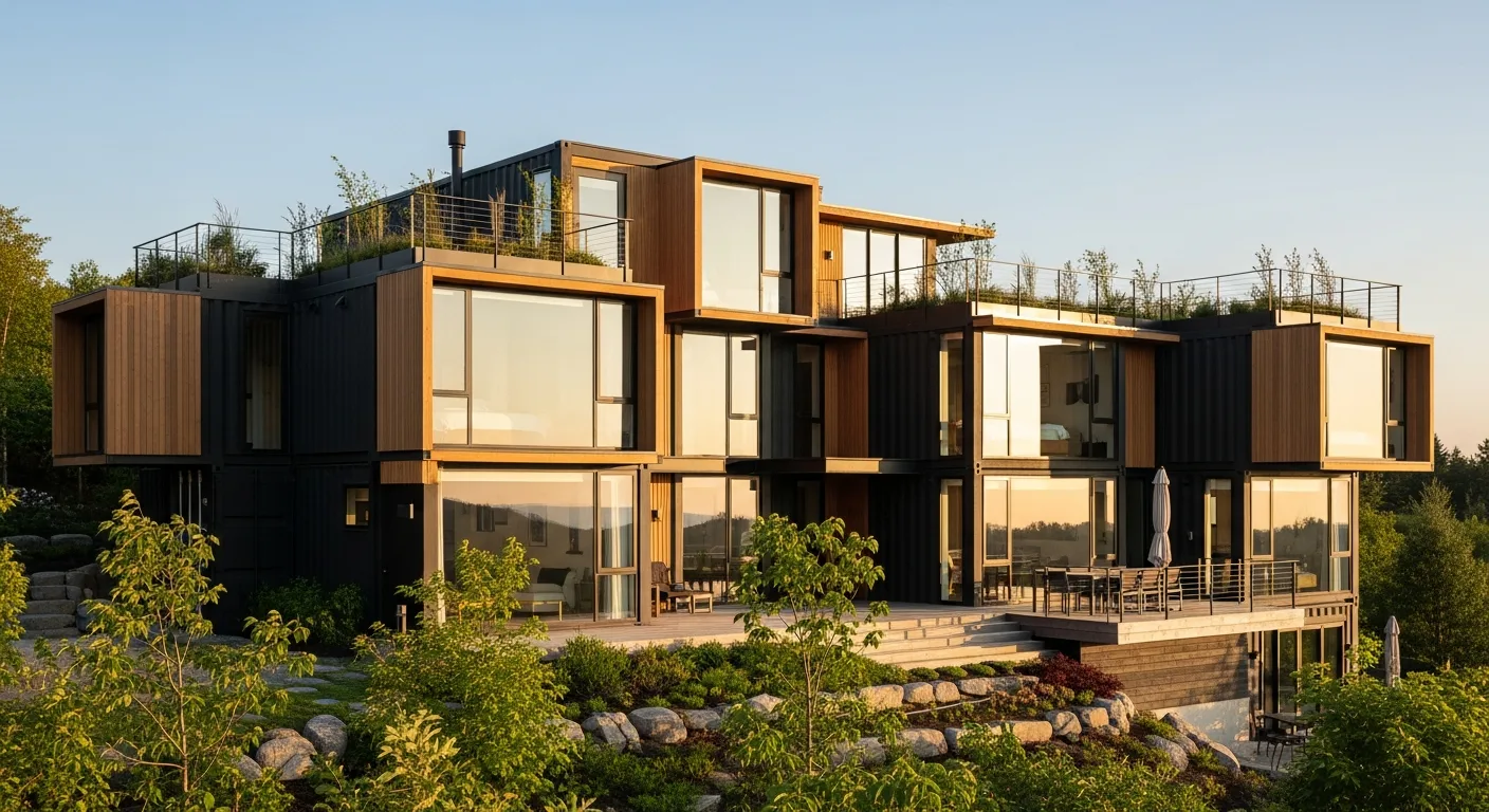 Sleek and sustainable container home designs featuring multi-story industrial architecture and glass walls at sunset.
