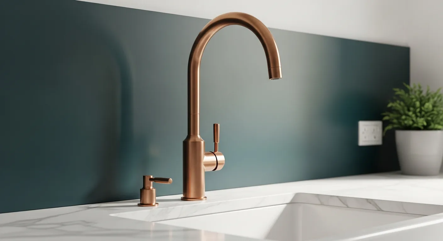 A luxury copper kitchen faucet installed on a white marble countertop as a stylish home statement piece.
