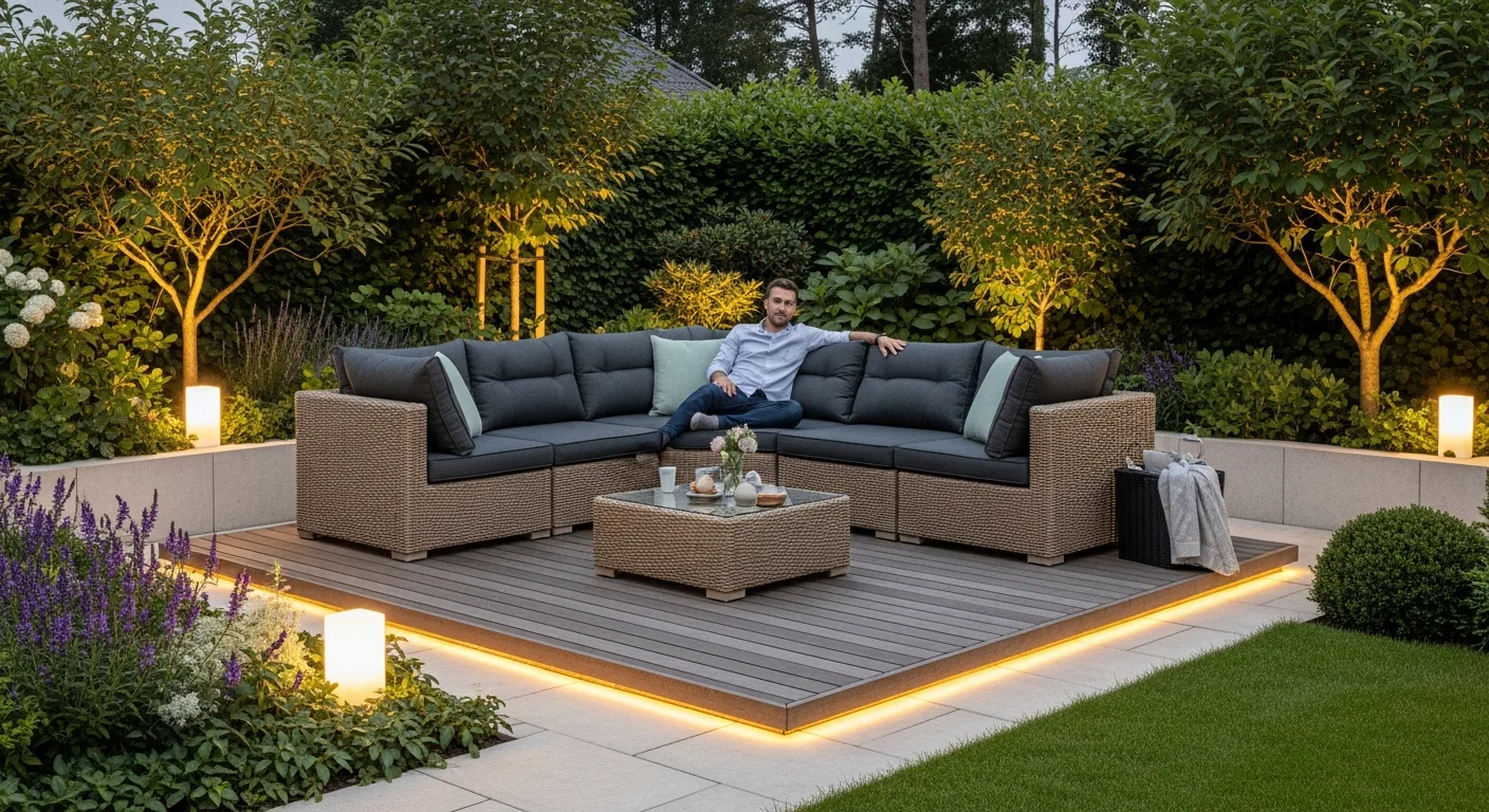 Modern corner garden sofa with plush cushions on a backyard patio for luxurious outdoor living.