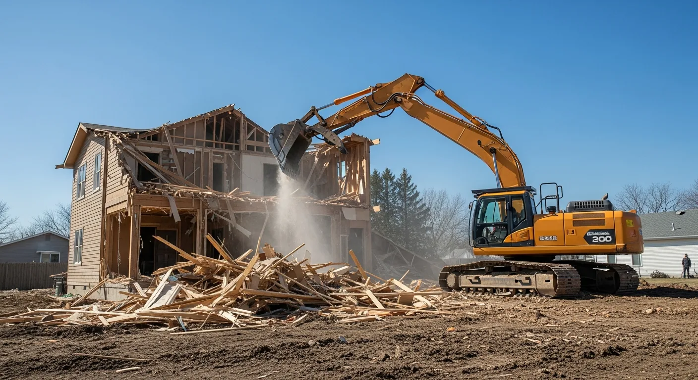 A yellow excavator dismantling an old residential building to calculate the cost to demolish a house in 2026.