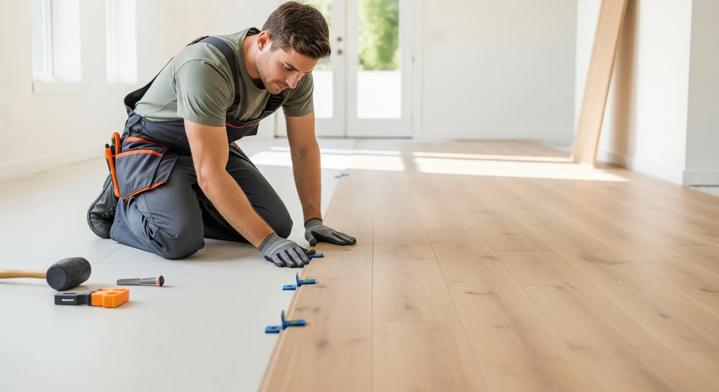 A professional contractor calculating the cost to install laminate flooring in a modern, sunlit living room.