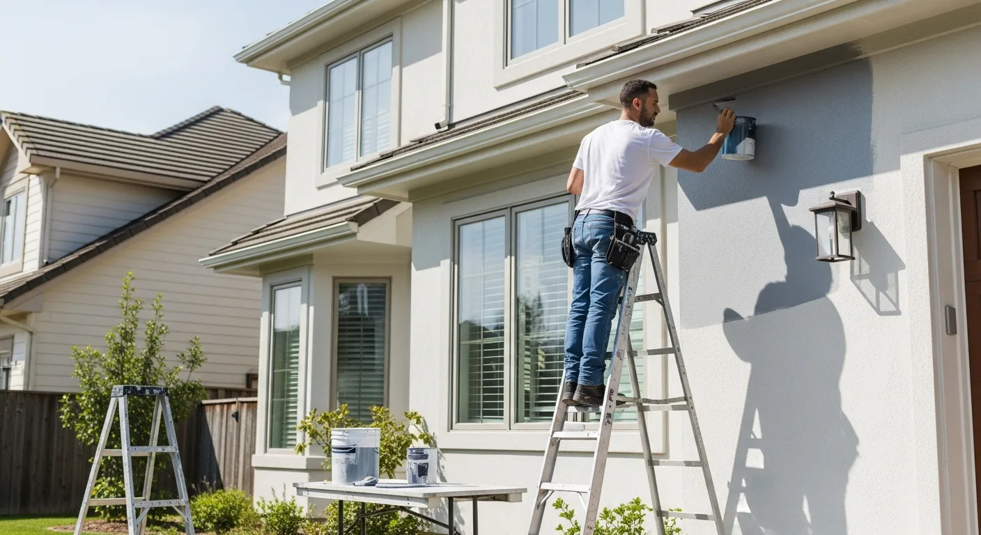 A professional painter calculating the cost to paint exterior of house for a modern suburban residential home.