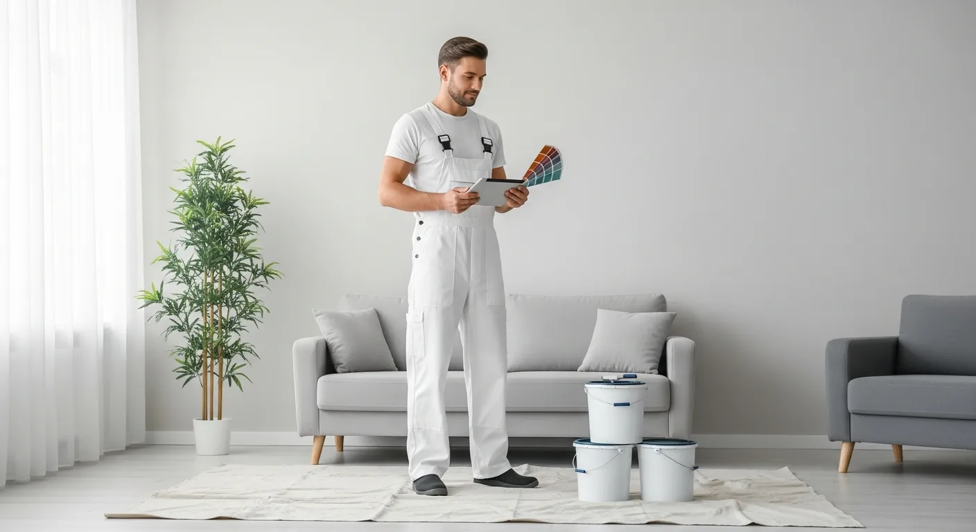 A professional painter reviewing a quote for the cost to paint interior of house in a bright modern home.