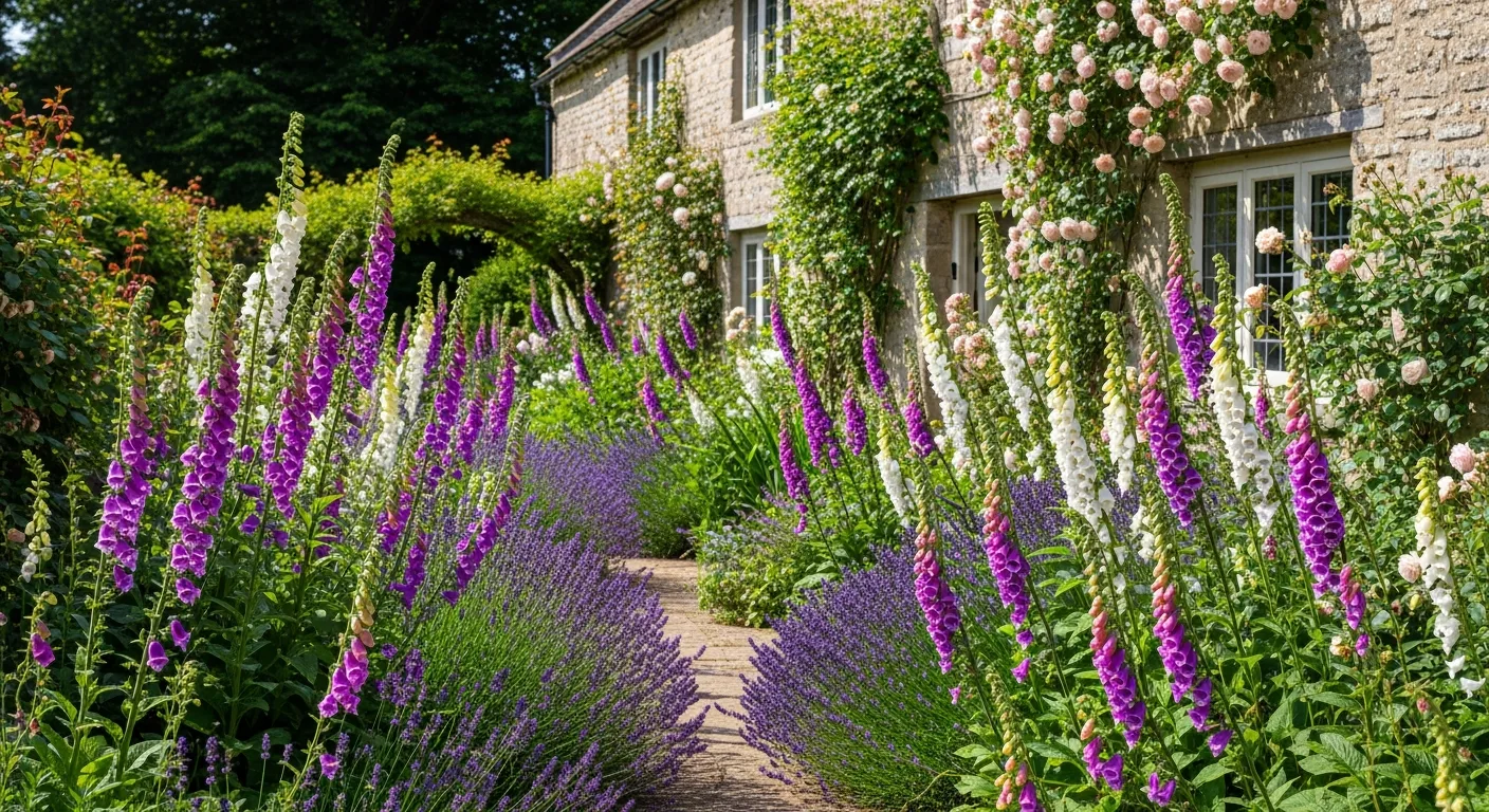 A variety of traditional cottage garden plants including foxgloves and roses blooming in a lush English landscape.