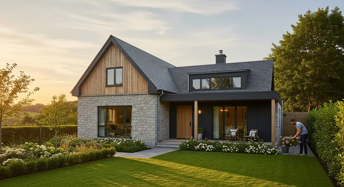 Modern cottage house plans showing a cozy sustainable home with a stone exterior and large windows.