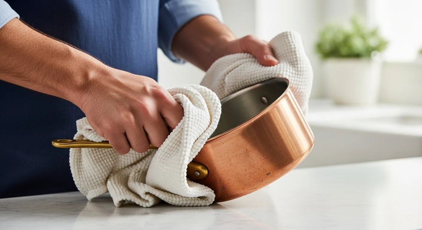 A professional home cook drying a copper pan with high-quality cotton kitchen towels in a modern kitchen.