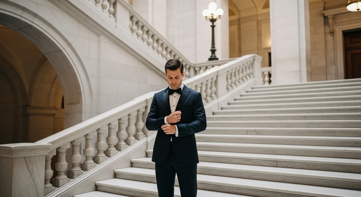 A groom in a tailored charcoal suit stands before a historic building for his sophisticated court house wedding.