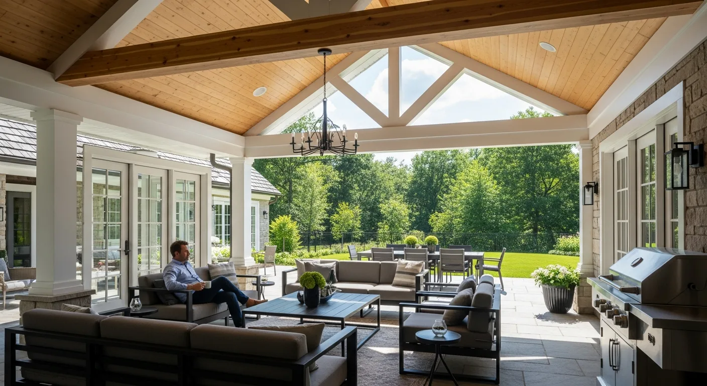 A modern covered patio attached to house featuring comfortable outdoor lounge furniture and ambient lighting.
