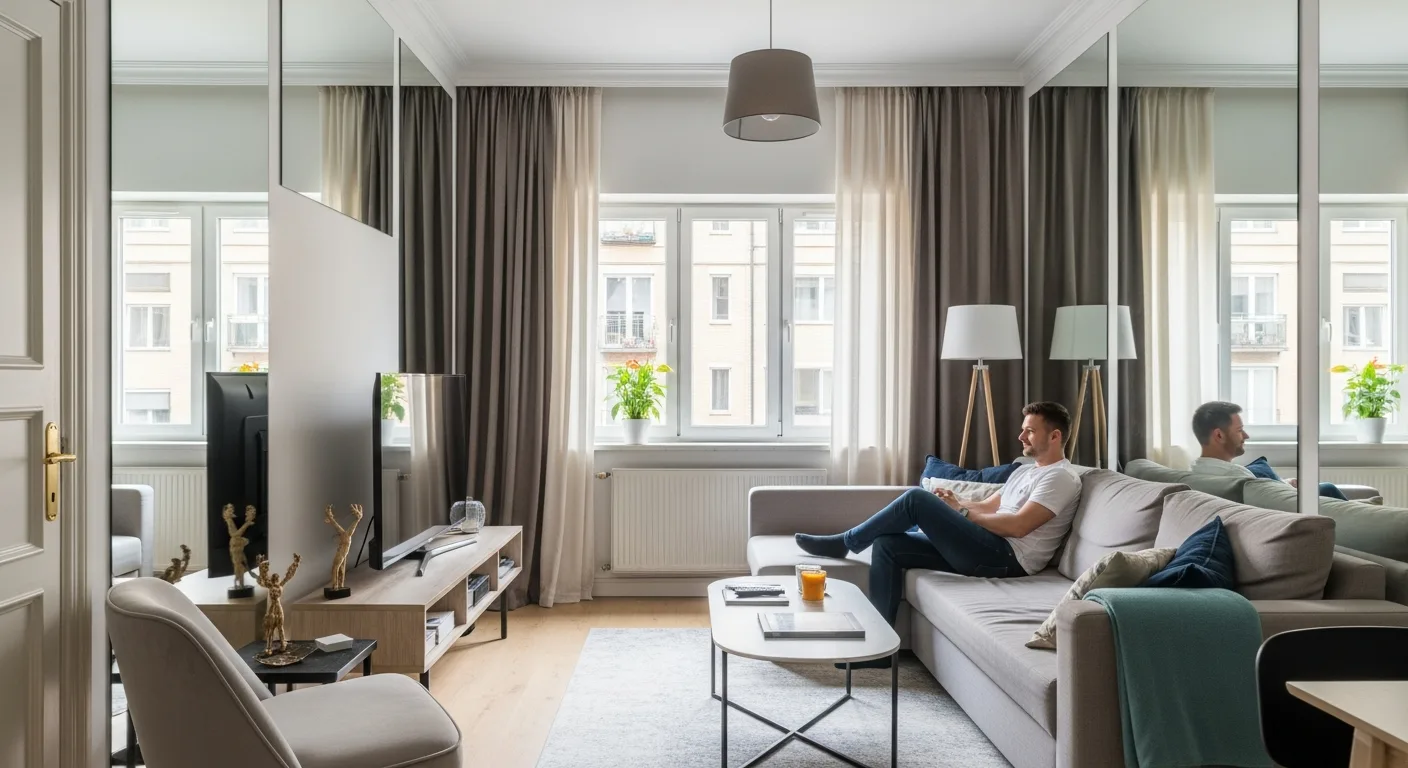 Modern cozy small living room decor with a plush sofa and large windows to create a spacious feel.