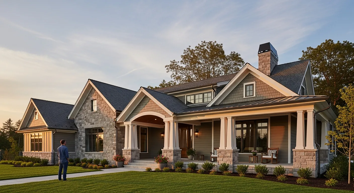 Modern exterior of a beautiful home built from craftsman house plans featuring a wide front porch and stone accents.