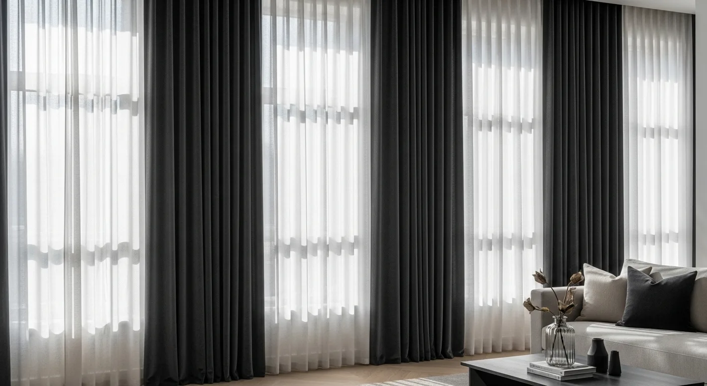Modern curtain ideas for living room featuring layered sheer and velvet drapes in a bright contemporary space.