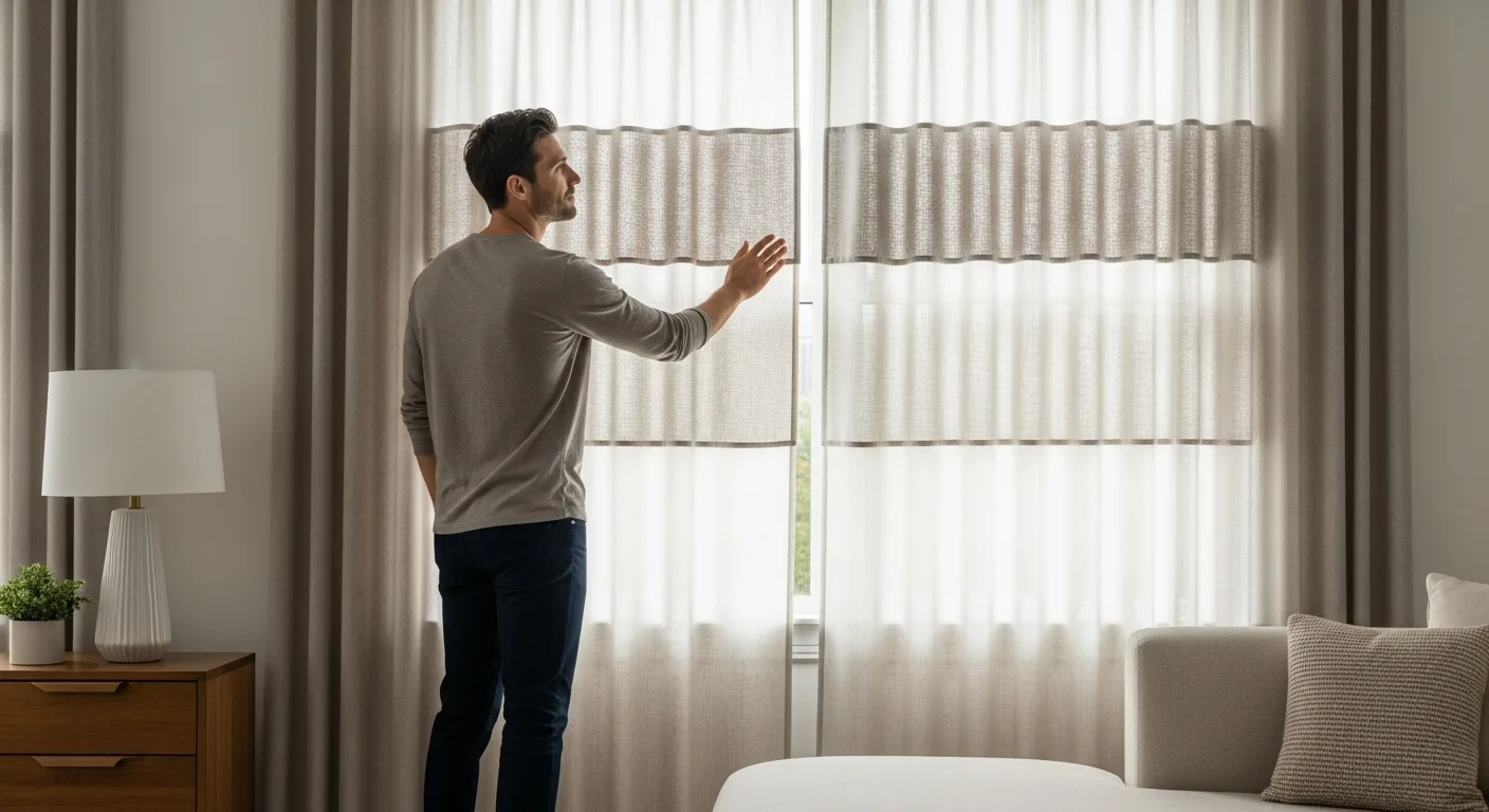Elegant floor-to-ceiling sheer curtains for living room interior design in a modern 2026 home.
