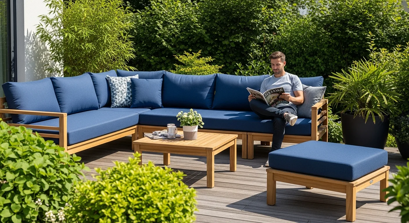 Durable and stylish cushions for outdoor furniture arranged on a modern patio sofa in a sunny garden.