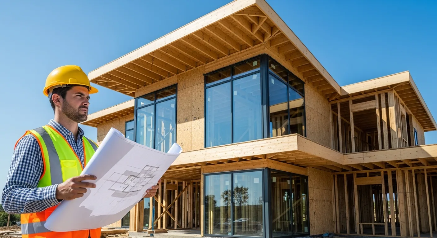 A modern luxury house undergoing custom home construction in a sunny residential neighborhood.