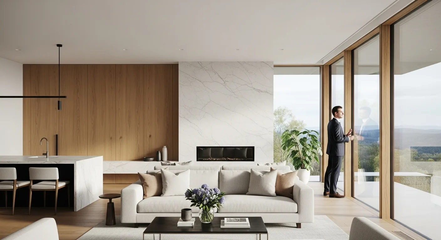 A luxurious modern living room with floor-to-ceiling windows showcasing unique custom home designs.