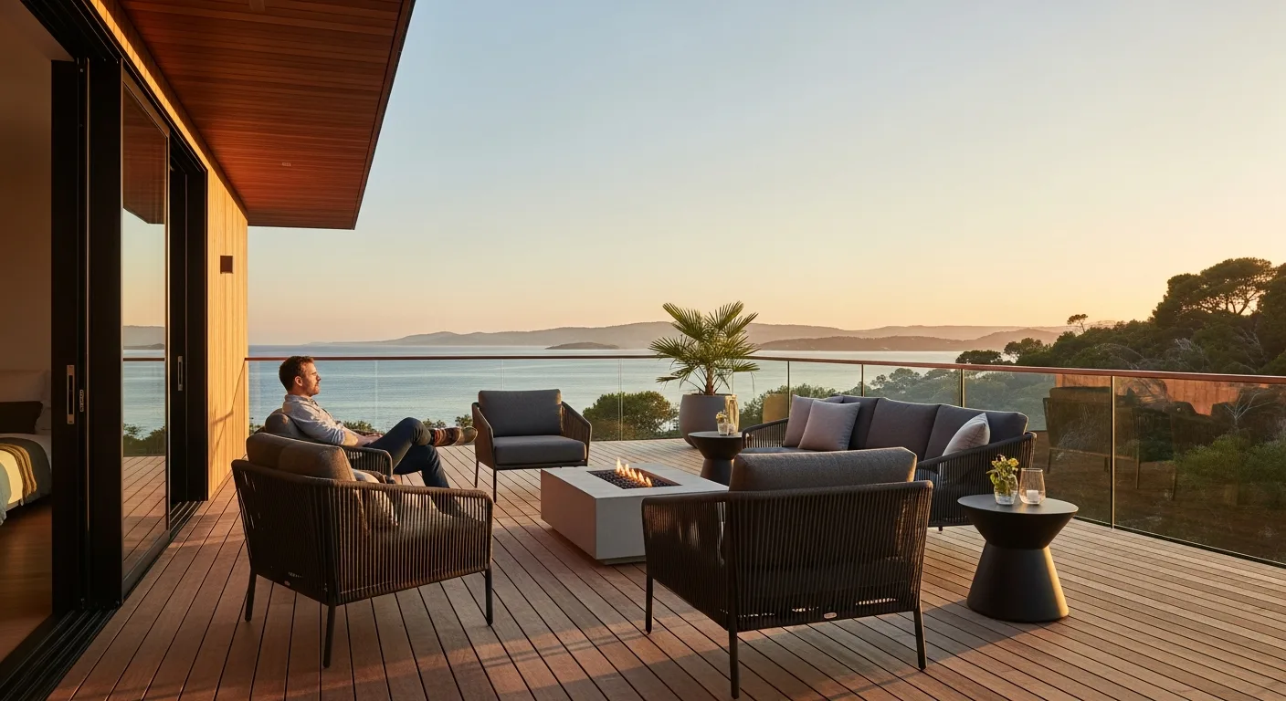 Modern deck furniture ideas featuring a weather-resistant sectional and dining set on a contemporary wooden terrace.