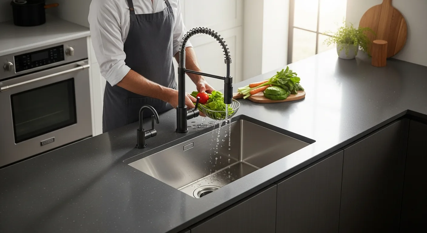 A modern stainless steel deep kitchen sink installed in a luxury marble countertop for a 2026 home upgrade.