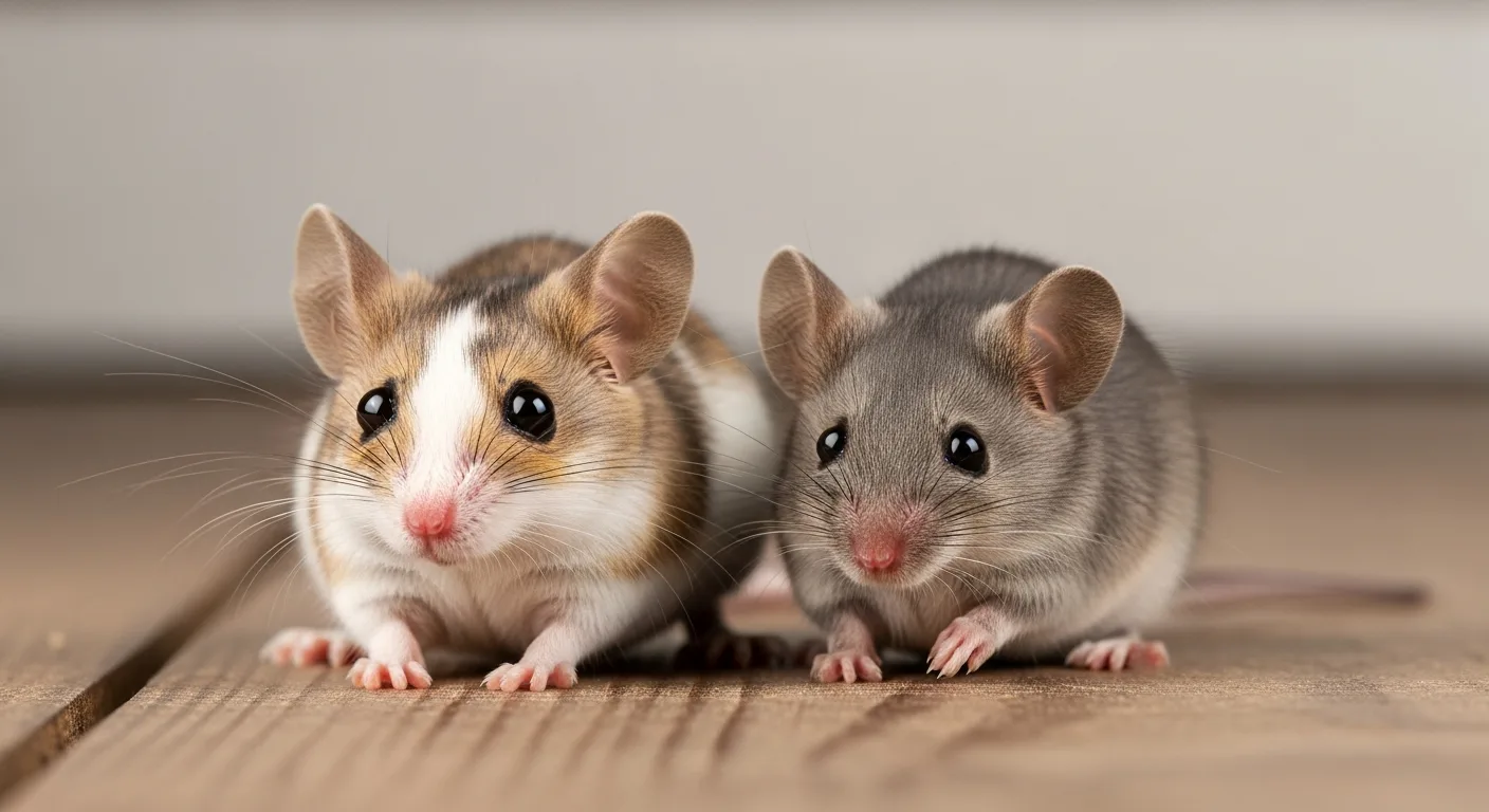 A side-by-side comparison of a deer mouse vs house mouse on a wooden surface for easy identification.